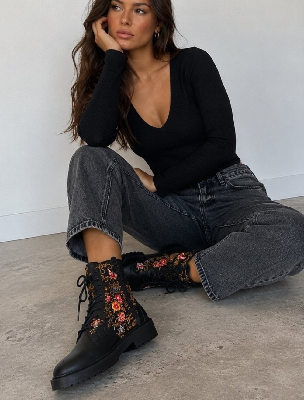 Johnny Was Taline Embroidered Leather Combat Boots Black Floral Size 6